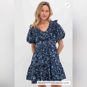 NWT Hyacinth House navy blue/white floral Samson mini dress puff sleeves size XL